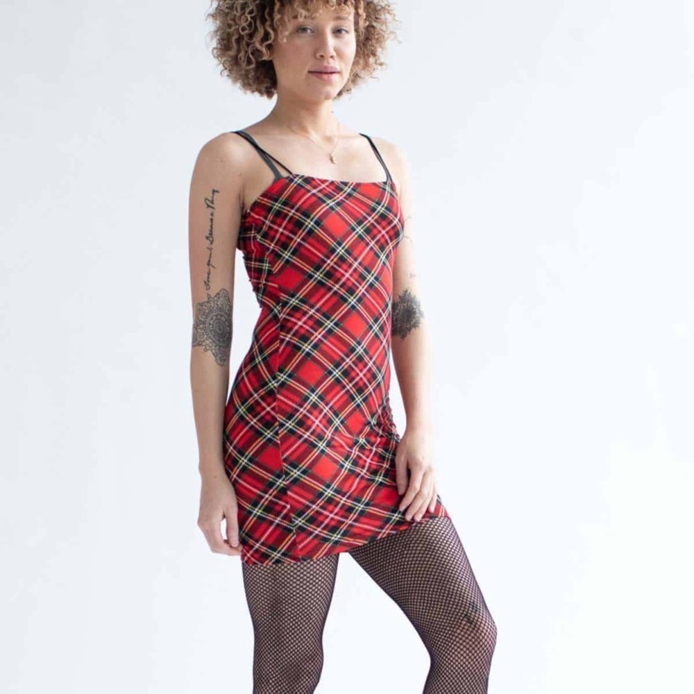 Plaid Mini Spaghetti Strap Dress In Red Sz M